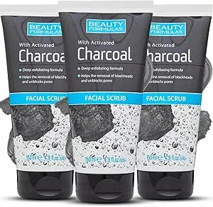 3x Beauty Formulas Charcoal Facial Scrub 150ml – Deep Cleansing Exfoliating Scrub with Activated Charcoal & Apricot Seeds