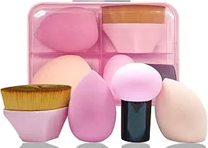 AmiCera Makeup Sponge, Blender 4 Pack Latex Free Beauty Makeup Powder Puff Blending Blender Foundation Concealer for Liquid, Powders, Creams, Make-up Sets for Women, with Brush, Pink