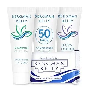 BERGMAN KELLY Hotel Toiletries Bundle (White Tea, 1 oz each, 200 Pieces) 4-Piece Set: 50 Rectangular Bar Soap, 50 Shampoo, 50 Conditioner & 50 Body Lotion - Bulk Mini Guest Amenities