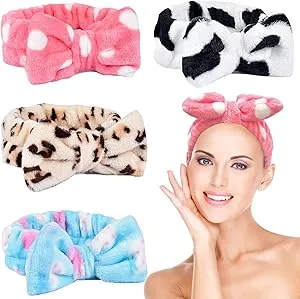 KEYRI 4 PCS Spa Headband, Bowknot Makeup Hair Bands for Women Skincare Headband Coral Fleece Elastic Soft Spa Facial Headband for Makeup and Washing Face Yoga (White, Pink, Blue, Leopard, One Size)