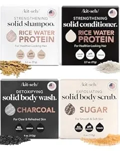 Kitsch 4pc Set - Rice Water Shampoo & Conditioner Bar, Charcoal Body Soap & Sugar Scrub Bar, Solid Bars with Castor Oil & Coconut Oil, Vegan, Paraben-Free, Hair & Body Care