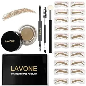 LAVONE Eyebrow Stamp Stencil Kit - Brow Stamp Trio with Waterproof Pencil, Pomade, 20 Stencils, Dual-ended Brush and Sponge Applicator - Blonde