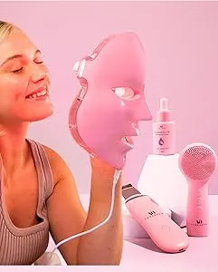 LED Face Mask Light Therapy Premium Spa Kit (4 Pcs) - With Ultrasonic Scrubber, Ultrasonic Brush & Green Tea Serum - 7 Colors (Blue & Red) Light Therapy Mask -Spa Light Therapy Facial For Rejuvenation