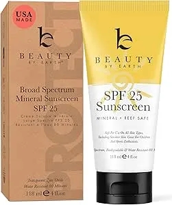 Mineral Sunscreen SPF 25: With Natural and Organic Ingredients, Water Resistant Sunblock Lotion for Travel, Sport or Baby; Zinc Oxide, UVA UVB Broad Spectrum Protection, Gentle for Kids and Babies