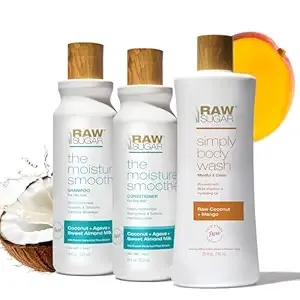 Raw Sugar The Moisture Smoothie Shampoo and Conditioner Set and Coconut + Mango Body Wash (Pack of 3) Strengthens & Restores Dry Hair, Moisturizes Skin, A Complete Haircare and Skincare Bundle