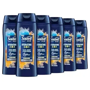 Suave Men Moisturizing Body, Face and Hair Wash, 3-in-1 For Hydrated Skin and Hair, Citrus & Musk scent, No Parabens, No Phtahaltes, 18 Oz Pack of 6