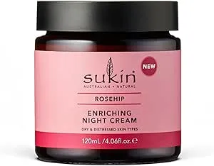 Sukin Rosehip Enriching Night Cream 120ml - with Rosehip Oil & Vitamin C; cruelty free & vegan friendly - to hydrate and improve skin radiance, for dehydrated & mature skin.
