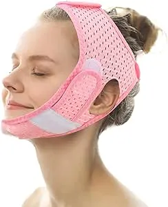 TIESOME Reusable V Line Lifting Mask, Pink Chin Up Mask V Shaped Polyester Double Chin Reducer Breathable Chin Up Patch Comfortable Beauty Device Face Slimming Chin Strap for Women and Men